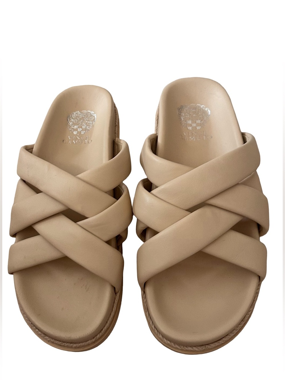 Vince Camuto Chavelle Beige Leather Slide Platform Sandals Criss Cross Straps
